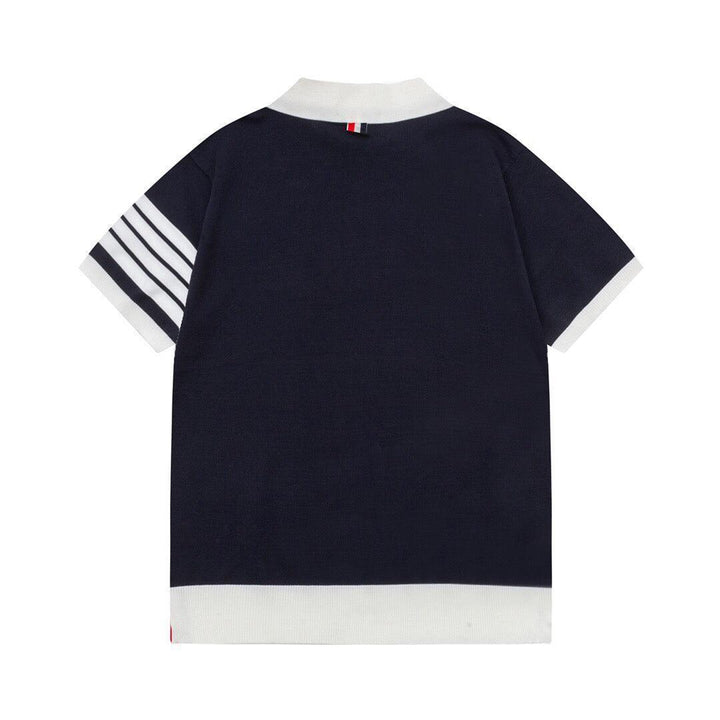 Thom Browne Navy Blue & White T-Shirt with Collar - SleekGait