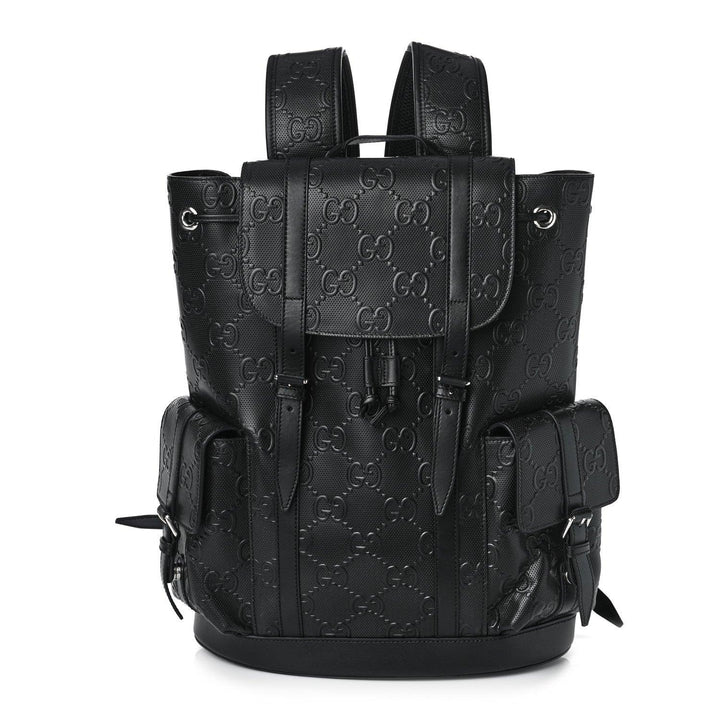 Gucci Calfskin GG Tennis Embossed Double Buckle Backpack Black