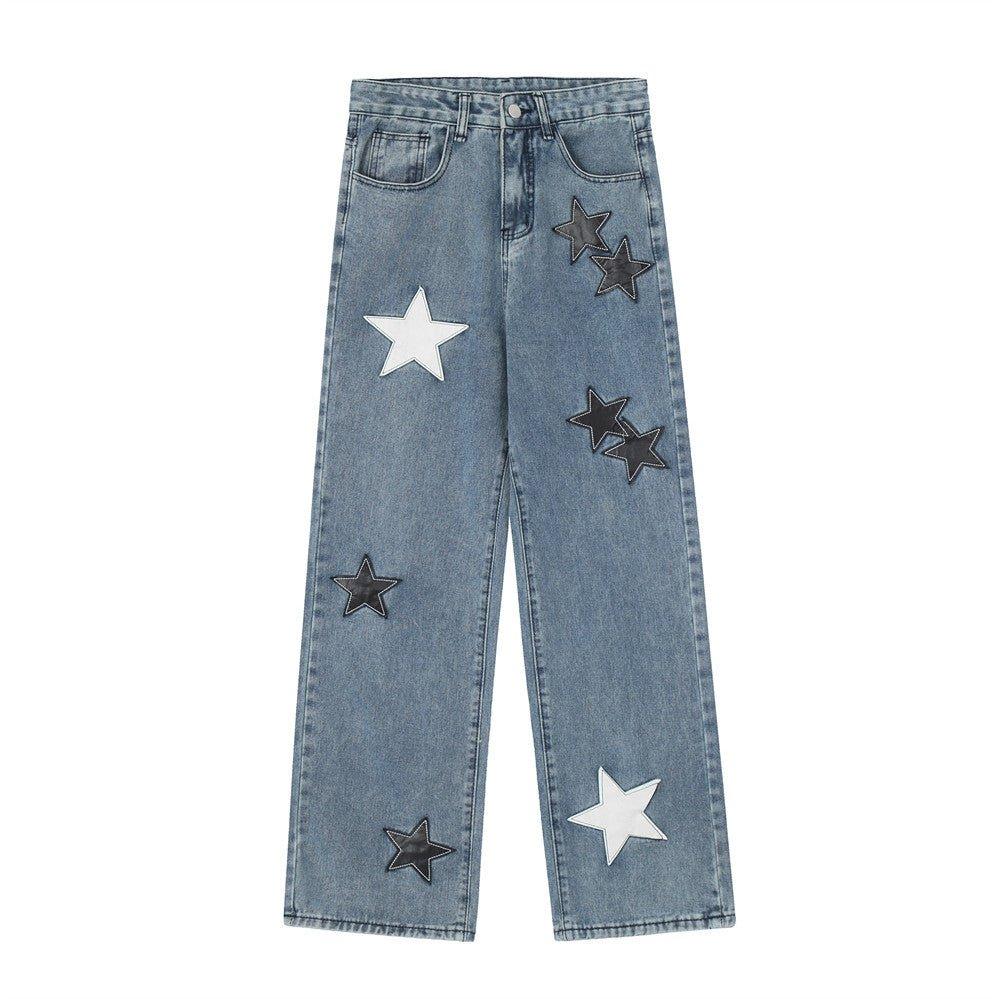 Five-pointed Star Affixed Cloth Embroidered Loose Straight Jeans - SleekGait