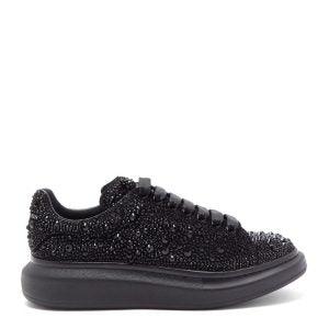 ALEXANDER MC-QUEEN BLACK CRYSTAL EMBELLISHED LEATHER OVERSIZED SNEAKERS - SleekGait