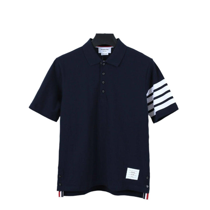 Thom Browne Navy Blue T-Shirt with Collar - SleekGait