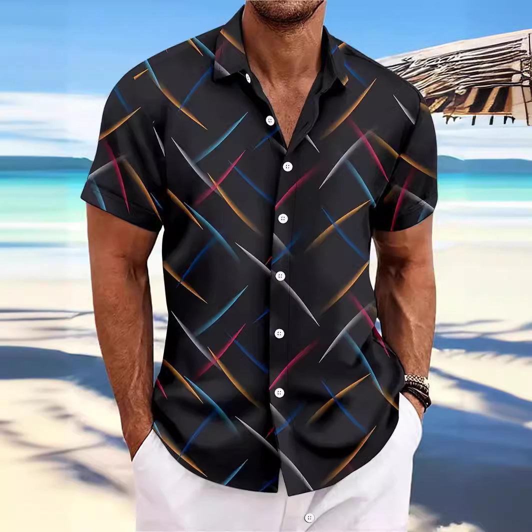 Summer New Men's Striped Feather Casual Beach Short Sleeve Button Shirt - SleekGait