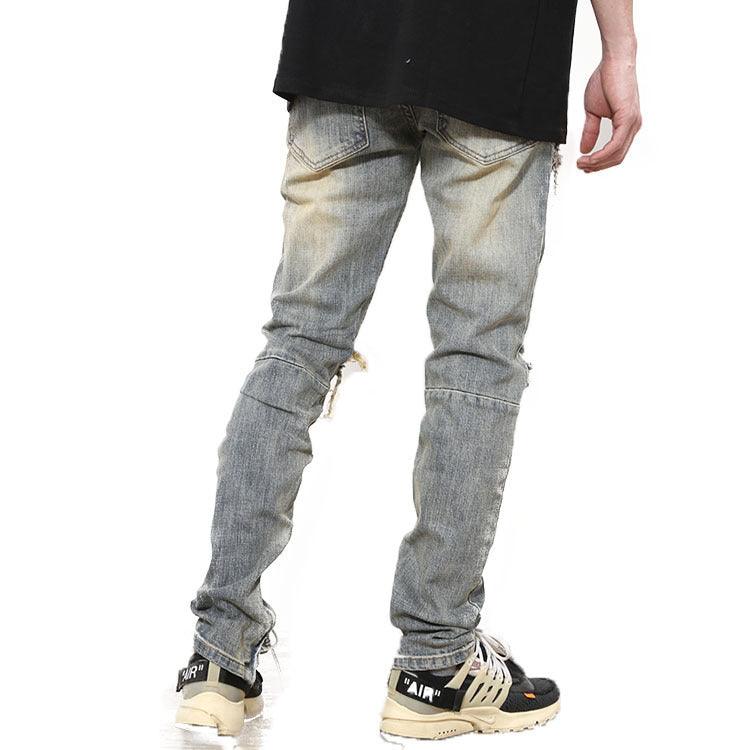 Ripped Washed Elastic Mid-waist Denim Trousers - SleekGait