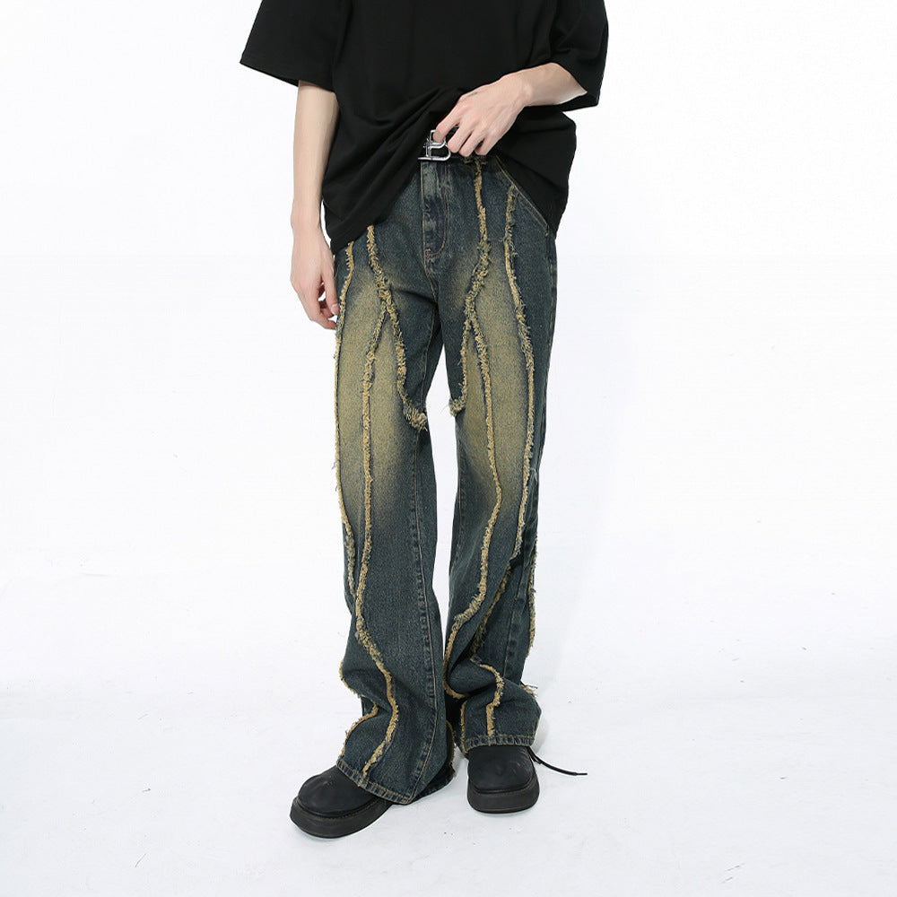 Niche Deconstructs Frayed Stitching Damaged Wind-washed Jeans - SleekGait