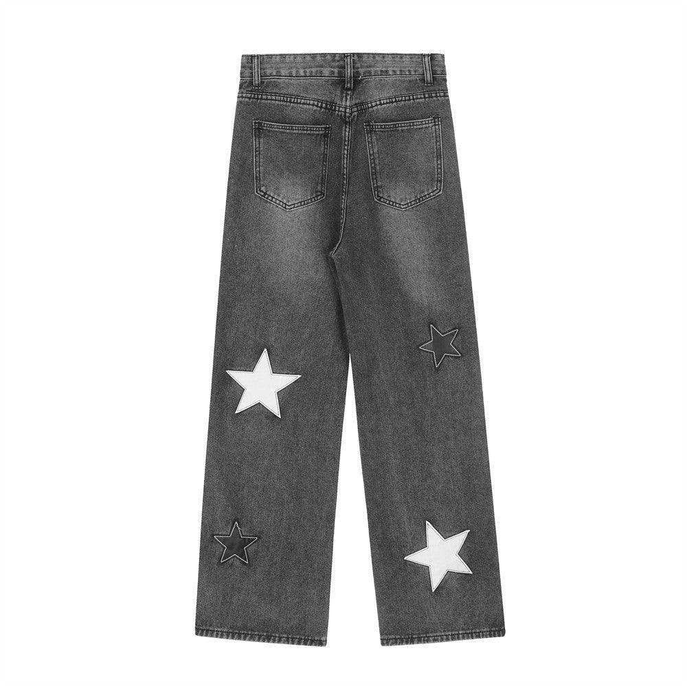 Five-pointed Star Affixed Cloth Embroidered Loose Straight Jeans - SleekGait