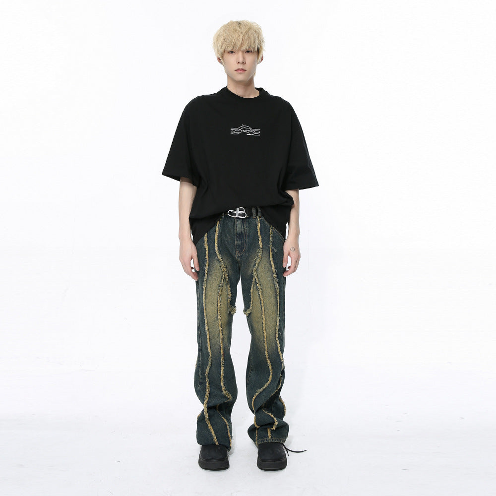 Niche Deconstructs Frayed Stitching Damaged Wind-washed Jeans - SleekGait