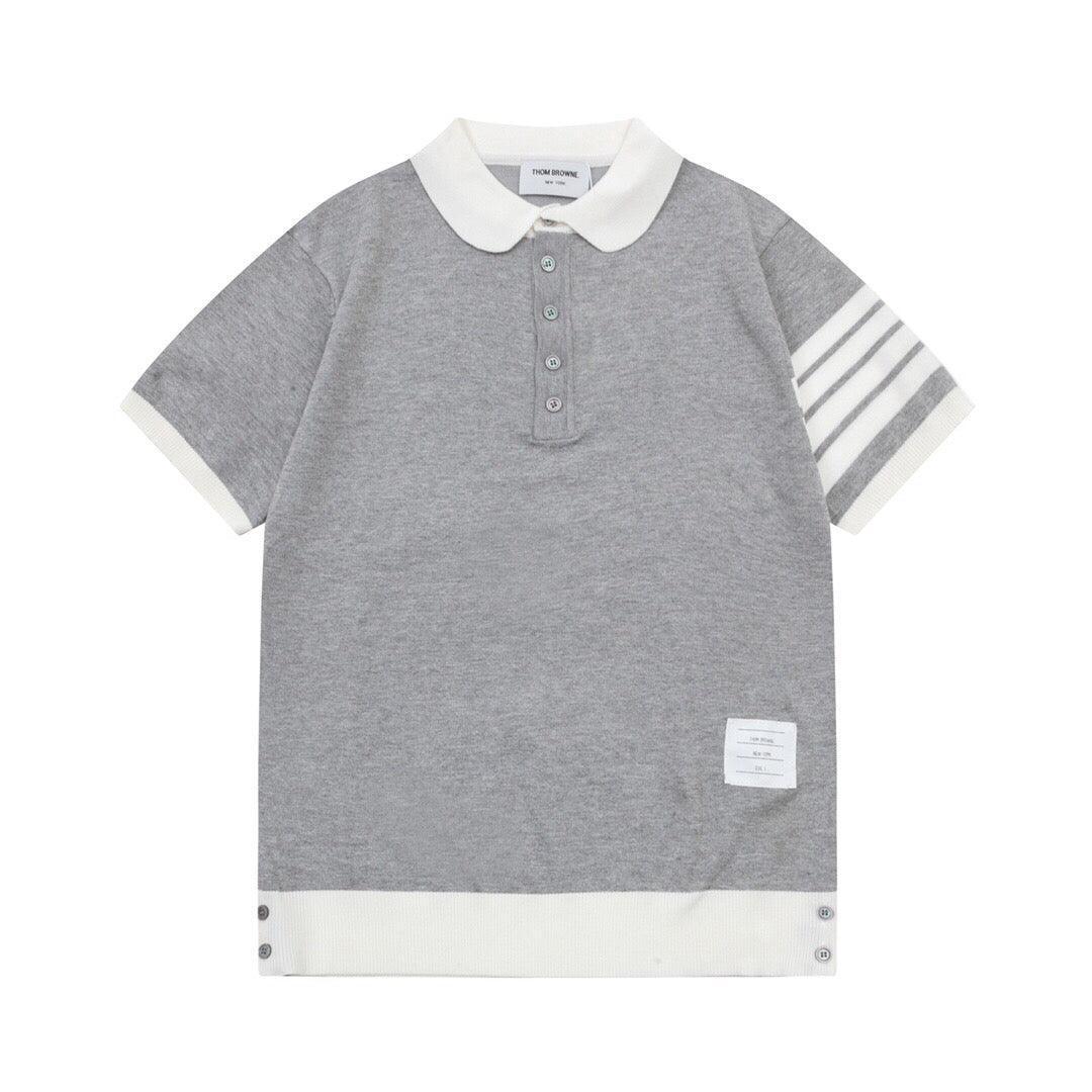 Thom Browne Grey & White T-Shirt with Collar - SleekGait