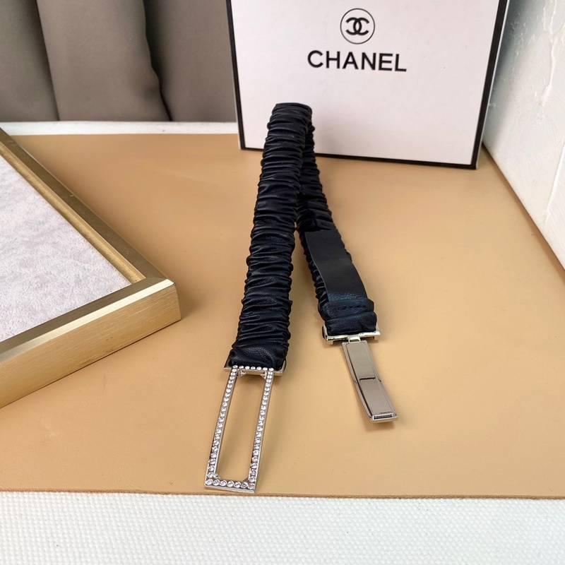Chanel Logo Buckle Elastic Belt Leather with Metal and Crystals 'Black' - SleekGait