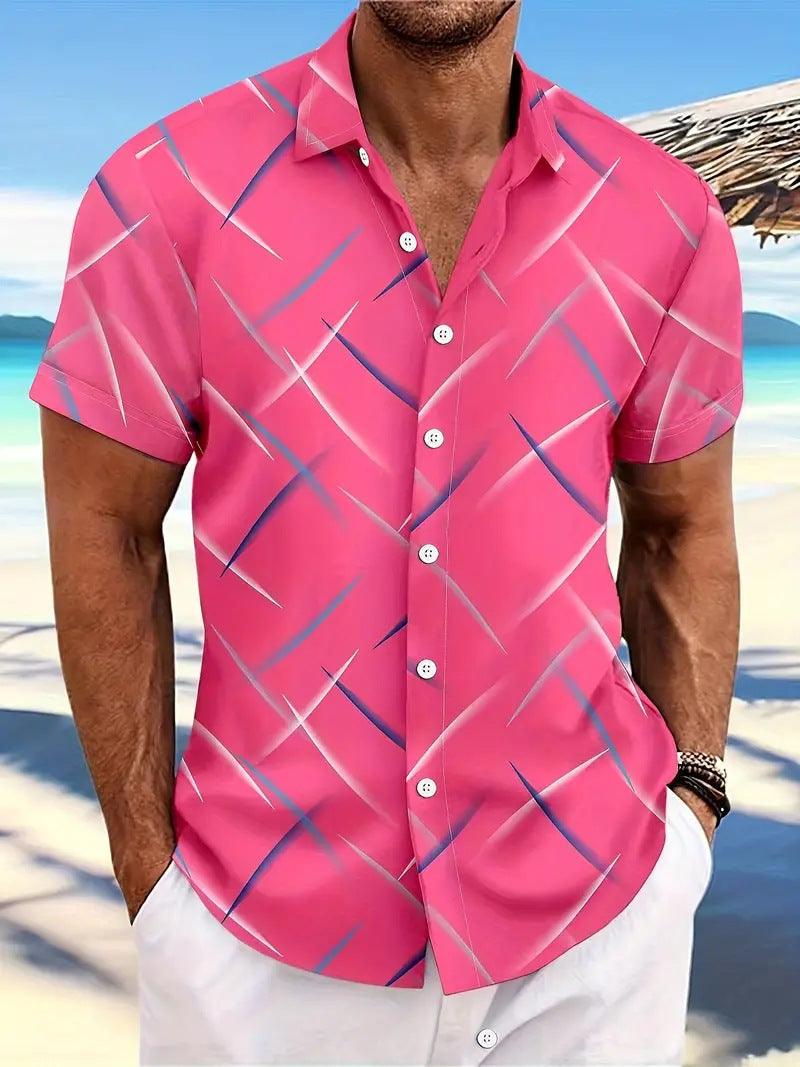 Summer New Men's Striped Feather Casual Beach Short Sleeve Button Shirt - SleekGait