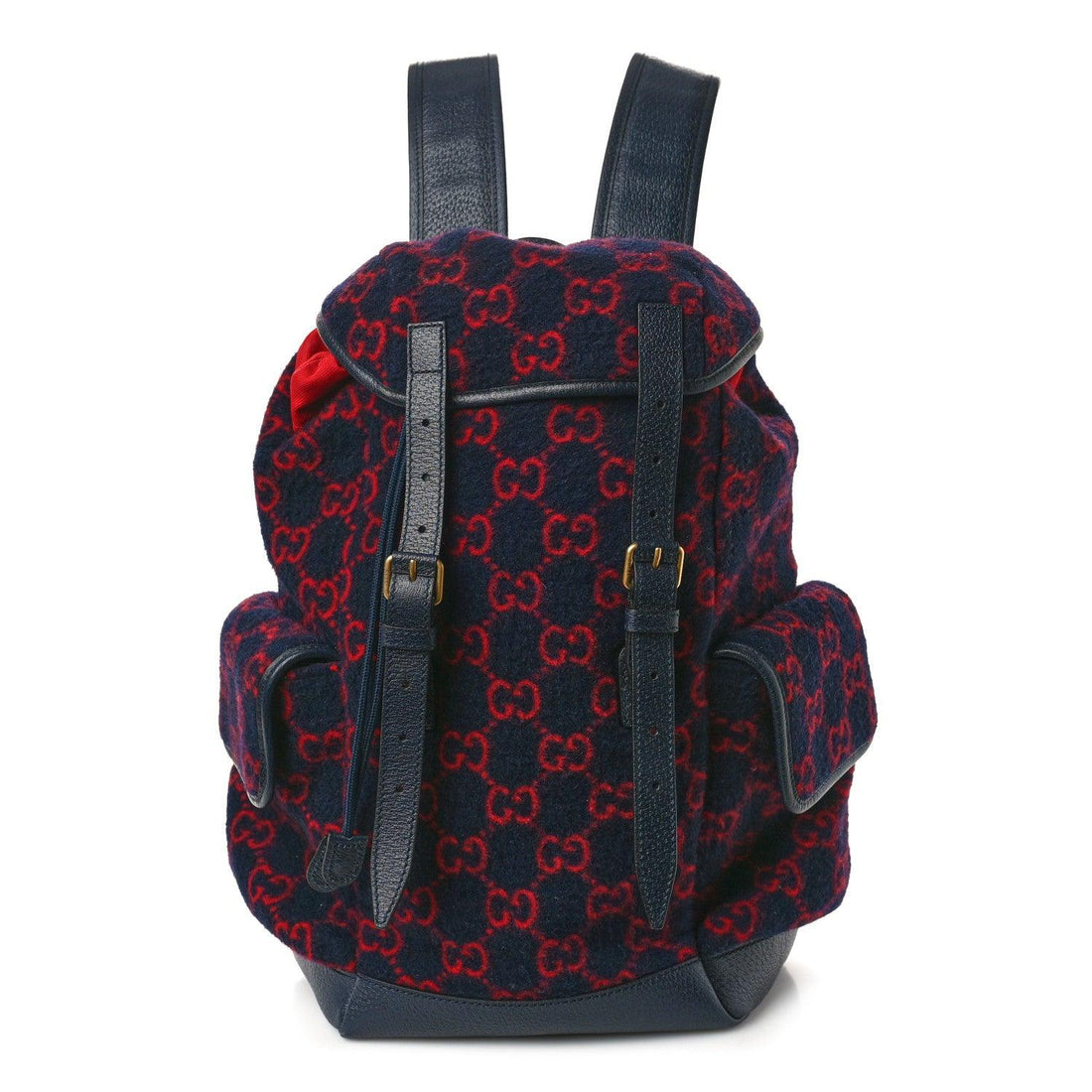 Gucci Covered Wool GG Monogram Small Double Buckle Backpack Navy Red