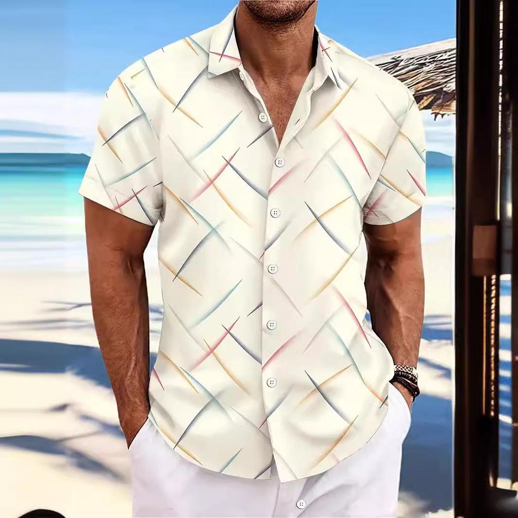 Summer New Men's Striped Feather Casual Beach Short Sleeve Button Shirt - SleekGait