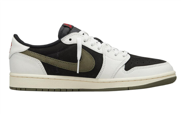 Air Jordan 1 Retro Low OG SP Travis Scott Olive - Premium Black Suede, Green Inverted Swoosh, Vintage Style - SleekGait