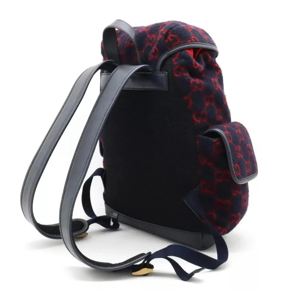 Gucci Covered Wool GG Monogram Small Double Buckle Backpack Navy Red